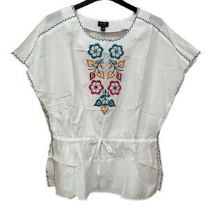 NICOLE by Nicole Miller White Embroidered Floral Peasant Top Silk/Cotton Medium